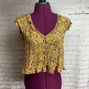 Easel size small short sleeve button down blouse mustard floral print